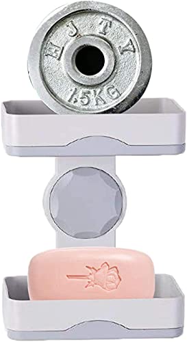 Image of BUNVOX Plastic Wall Mounted Double Layers Soap Dish Saver with Drain Tray, Adhesive Sponge Holder No-Drilling Soap Holder for Shower Bathroom Kitchen - Multicolour (White and Grey)