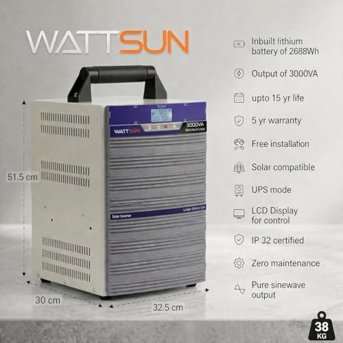 Image of Wattsun 3KVA Inverter with 2688Wh Lithium Battery Inbuilt | Upto 15-Year Life | Solar Compatible | UPS Mode for Home, Office & Shop | Fast Charging, Zero Maintenance | 5-Year Warranty