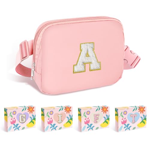 COSHAYSOO Pink Belt Bag Small Waist Fanny Pack Mini Crossbody Purse with Initial Letter Patch for Teen Girl Women Cross Body Travel Chest Pouch Trendy Easter Birthday Christmas Preppy Gift A