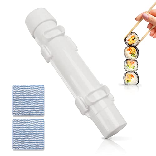 Sushi Maker, Sushi Maker Set, Sushi Matte, Sushi Bazooka, DIY Sushi Machen Maschine mit 2 Pack Lappen Sushi Werkzeug Gemüse Fleisch Walzwerkzeug für Onigiri, Bento,Sushi Roller (Weiß) Cover