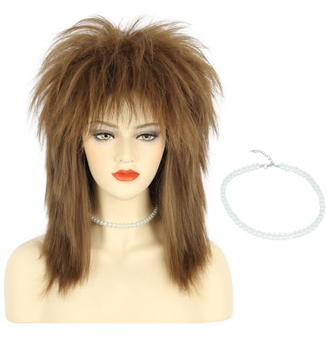 karlery Women Men Long Curly Brown Wig with Necklace 70s 80s Rocker Mullet Costume Wig Halloween Cosplay Party Wig