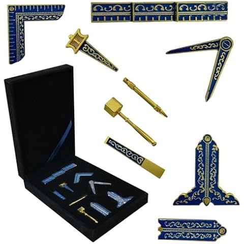 Masonic Working Tools Set - Freemason Tools Set with Square Compass Gavel Ruler Chisel Trowel and Deacon's Rod | Capri Blue Lodge Masonic Tool Set | Freemason Metal Symbol Accessories Cover