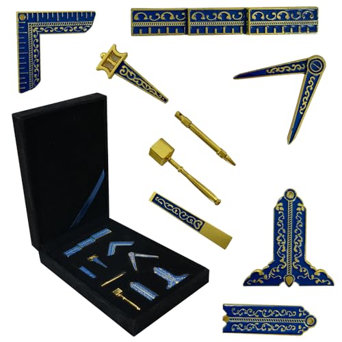 Masonic Working Tools Set - Freemason Tools Set with Square Compass Gavel Ruler Chisel Trowel and Deacon's Rod | Capri Blue Lodge Masonic Tool Set | Freemason Metal Symbol Accessories