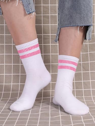 OYOANGLE Women's 2 Pairs Striped Trim Casual Crew Socks Simple Mid Calf Socks4
