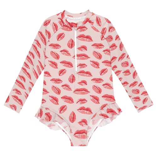 Red Lips Girls Long Sleeve Rashguard Swimsuit UV Protection One-Piece Swimwear Bathing Suit B0404767