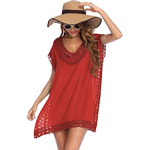 AI'MAGE Womens Swimsuit Cover Ups Crochet Bikini Pool Dress Swimwear Beach Cover Up, Hollow Out Caramel, Large Cover