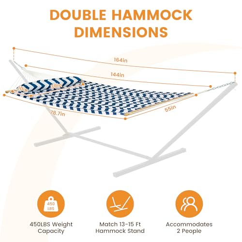 Image of Lazy Daze Hammocks 12FT Quilted Fabric Double Hammock with Spreader Bars and Detachable Pillow, 2 Person Hammock for Outdoor Patio Backyard Poolside, 450 LBS Weight Capacity, Blue Chevron Stripe