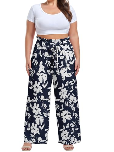Image of OLRIK Women's Plus Size Pants Adjustable High Waisted Wide Leg Palazzo Pants Casual Trousers with Pockets Spring Clothes