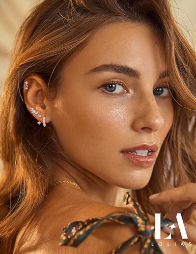 LOLIAS 4 Pairs 14K Gold Plated Stud Earrings for Women - Dainty Hypoallergenic Flat Back Cartilage Earring Sets for Multiple Piercing - Silver Gold Small Dangle Huggie Hoop Stud Earrings Stacks2