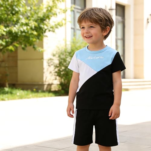 Image of Ayzozuy Boy Clothes Colorblock Top + Drawstring Waist Shorts 2 Pieces Kid Summer Outfits Set