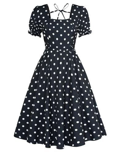 Belle Poque Vintage Dress for Women 1950s Cottagecore Cocktail Dresses Square Neck Puff Sleeve Dress with Pockets