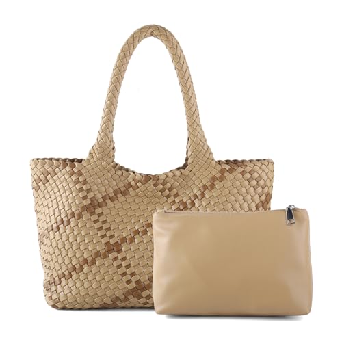 Image of Woven Tote Bag Womens Purse Vegan Leather Shoulder Handbags Fashion Summer Beach Tote Bags Large Travel Totes