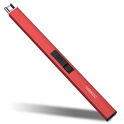 Image of Electric Candle Lighter - USB Rechargeable Arc Lighter for Camping, Family Use, BBQs - LED Battery Display, Safety Switch, Flameless, Windproof (Red)