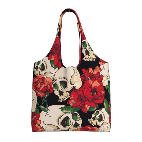 ASFgda Bolsa de lona con estampado de calavera rosa y roja, bolsa de compras reutilizable, bolsa de hombro de gran capacidad para uso diario, viajes, playa