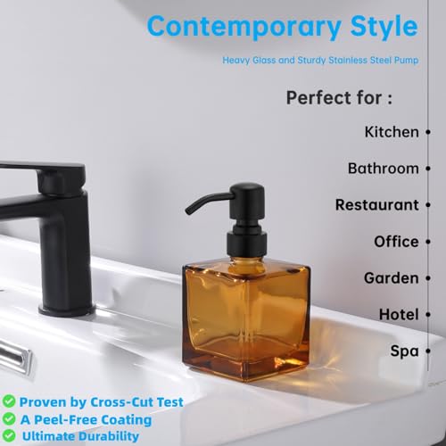 Image of Square Bathroom Soap Dispenser Amber Bottle with Black Pump, Retangle Cube 8.4 oz Glass Bottles with Stainless Steel Pump Hand Liquid Soap Dispenser Kitchen