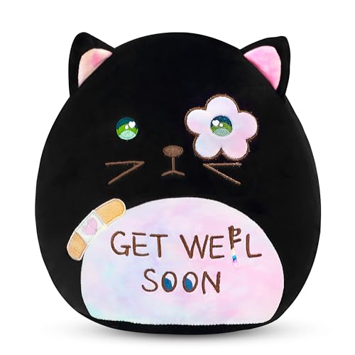 Image of Easfan Get Well Soon Stuffed Cat Plush Pillow, Cozy Black Kitty Snuggle Soft Toy with Rainbow Belly, Gifts or Patients Girls Boys Women Men After Surgery, 12 inch