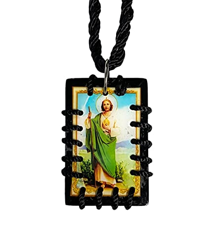 St Jude Black Wood Scapular Necklace Reversible Gold Plated Charm Escapulario Negro Madera San Judas Tadeo