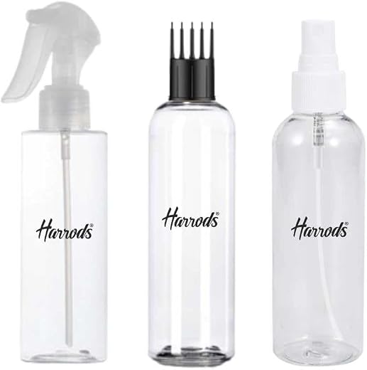 HARRODS Clear Refillable Spray &amp; Applicator Bottle Set 200ml(Pack of 3)| Fine Mist and Trigger Spray &amp; Oil Applicator Comb...