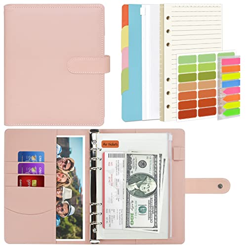 Mlife A5 Notebook Binder Set - 6 Ring PU Leather Planner,5 PCS File Divider,45 Sheets A5 Loose Leaf Paper,Label Stickers,Index Tabs and Clear Cash Envelopes,Personal Organizer Binder (Pink)
