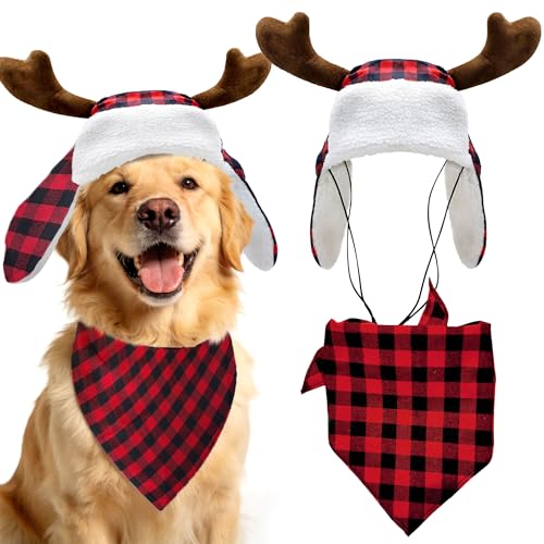 Christmas Antler for Dog Reindeer Xmas Pet Red Scarf Winter Neck Warmer Christmas Festive Party Dress-up for Pets (Large)