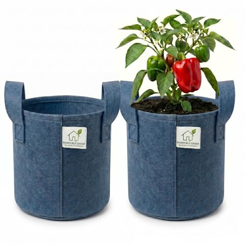 Image of 400 GSM Geo Fabric Round Grow Bags 8x8 Inch with Handle, Blue Planting Bags for Terrace and Kitchen Gardening Pack of 2