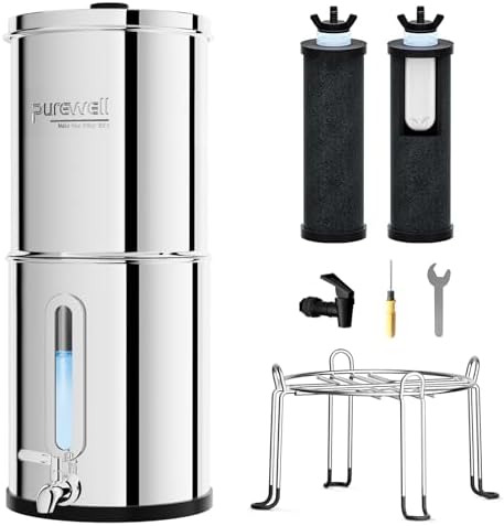 Purewell 2.25G Gravity Water Filter System with Water Level Window, 3-Stage 0.01μm Ultra-Filtration Stainless Steel Countertop System with 2 Filters and Stand, Reduce 99% Chlorine, PW-KS