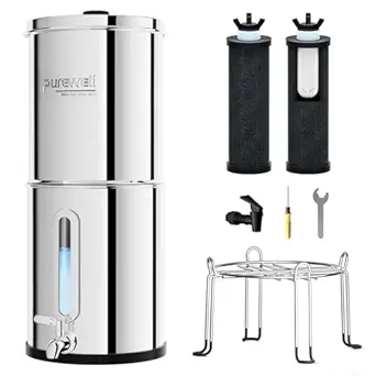 Purewell 2.25G Gravity Water Filter System with Water Level Window, 3-Stage 0.01μm Ultra-Filtration Stainless Steel Countertop System with 2 Filters and Stand, Reduce 99% Chlorine, PW-KS