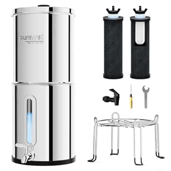 Purewell 2.25G Gravity Water Filter System with Water Level Window, 3-Stage 0.01μm Ultra-Filtration, Stainless Steel Countertop System with 2 Filters and Stand