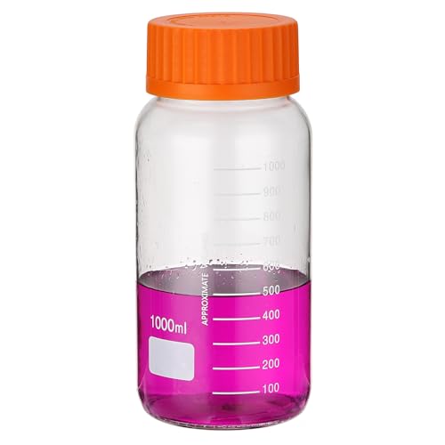 PATIKIL 1 Pack Reagent Media Storage Bottles, 1000ml Borosilicate Glass Wide Mouth Graduated Round Bottles with Orange GL32 Screw Cap for Lab Water Reagent Liquids, Clear