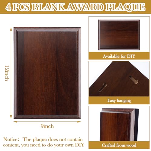 Memorywuu 4 Pcs DIY Blank Award Plaques Personalized Engraved Plaques Wooden Trophy Gift for Thank You, Photo, School, Sports, Special Achievements, Retirement (Walnut,9 x 12 Inch)