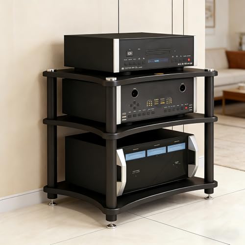RAJYQODIS Heavy Duty Audio Component Rack, Large Storage Space AV Media Stand with Shock-Absorbing Foot pegs, Audio Rack Tower CD Player Stand for Home/Office/Audio Video/Theate (Black, 3rd)