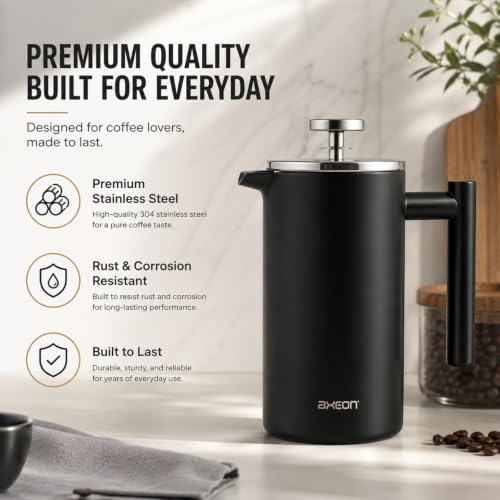 Image of AXEON French Press Coffee Maker - 350ml | 304 Stainless Steel Plunger | 4-Layer Filtration for Grit-Free Brew | Heat Retention, Rust-Free, Portable Coffee Maker for Home, Travel & Office (Black)