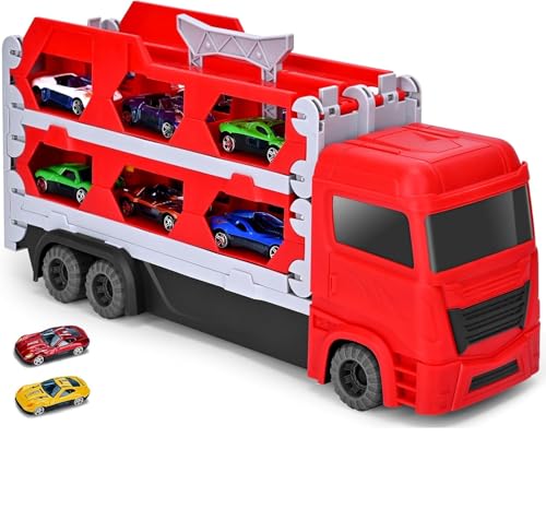 PLUSPOINT Big Hauler Transporter Truck Toy Set with 2 Ejection Race Track, Mega Deform Catapulting and Shooting Folding Storage Car Carrier with 2 Metal Car Gift for Kids Age 3+ (Trailer)