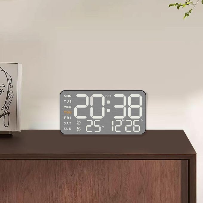 Image of 15-Inch Digital Wall Clock with Large LED Display - Remote Control, Auto-Dimming, Night Light, Date, Day, Temperature, DST Function - Ideal for Living Room, Bedroom (9 inch White Lights Black Body Frame)