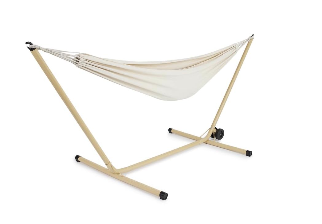 Hamac de jardin crème avec support cadre acier effet bois 290 x 100