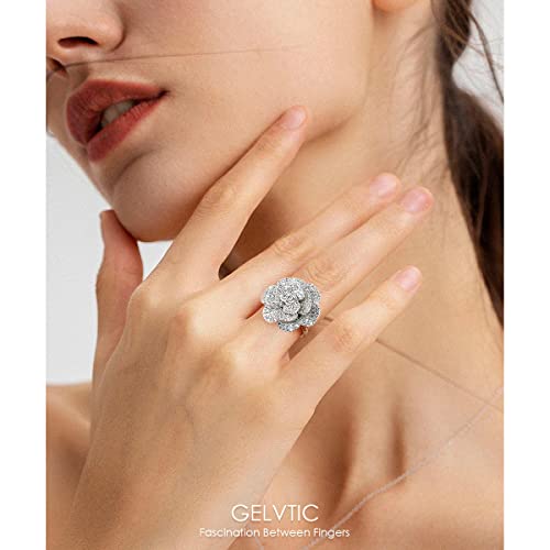 Cocktail Rings Silver Rose Flower Ring for Women Adjustable Rhinestone Cubic Zirconia White Gold Plated Snowflake Crystal Open Wrap Wedding Statement Valentine Gift for Lover Wife Christmas2