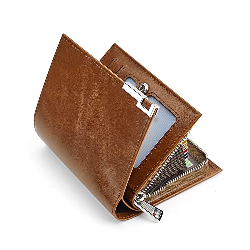 VANNANBA Oil wax Genuine Leather Men Wallet,Zipper RFID Blocking Wallet for men (yellowish brown)2