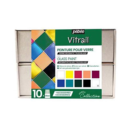 Pébéo - Coffret Collection Vitrail - Set de Peinture sur Verre - 10 Flacons de 45 ml - Couleurs Assorties + 2 tubes Cerne Relief 20 ml + 1 palette + 1 Pinceau...