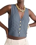 Locachy Women's V Neck Sleeveless Cable Knit Sweater Vest Soft 2024 Summer Button Front Cardigan Tank Tops Grey M