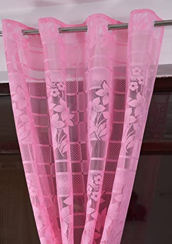 Image of Fabrilia Heavy Polyester Net Semi Sheer Fancy Grommet Curtains, Floral Design, Pink, Window- 4 Feet X 5 Feet, Pack Of 2 Pcs