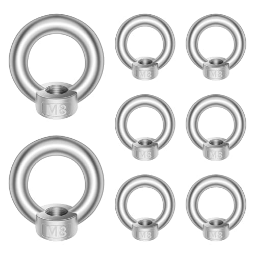 M8アイナット、8個リフティングアイナットステンレス鋼リング形状ファスナーツール林業機械用 304 ステンレス鋼 ネジ フック ステンレス 金具 吊り下げ 固定ステンレスアイナット メススレッド リングナット ロープフィッティング用 シルバートーン