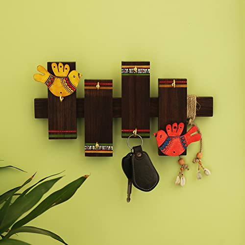 Image of ExclusiveLane 'Birds On Planks' Warli Handpainted Wooden Key Holder for Home Decor Stylish (6 Hooks, Sheesham Wood)| Key Hangers for Wall Key Holder Stand Key Stand for Wall Key Chain Holder for Wall