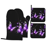 Juego de 4 manoplas de horno y soportes para ollas, guantes de horno, guantes de horno y estantes para sartenes, color morado