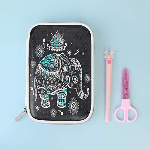 Image of Vintage Indian Lotus Ethnic Elephant Pencil Bag Case Zipper Pencil Holder Organizer Stationary Pen Bag Cosmetic Makeup Bag Pouch Purse for School Office Supplies