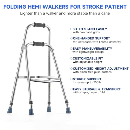 Image of Loyoda Hemi Walker for Seniors, Adjustable One Arm Folding Walker | More stable than a cane, folds easily for storage, adjustable height, comfortable grip, supports up to 250 lb