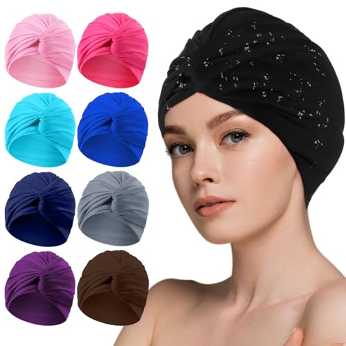 Shyyween 9 Pieces Swim Caps for Women Polyester Swimming Turban Strong Non-Slip Hat Elastic Pool Cap for Long and Short Hair (Pink,Rose Red,Light Blue,Blue,Navyblue,Black,Purple,Gray,Brown)