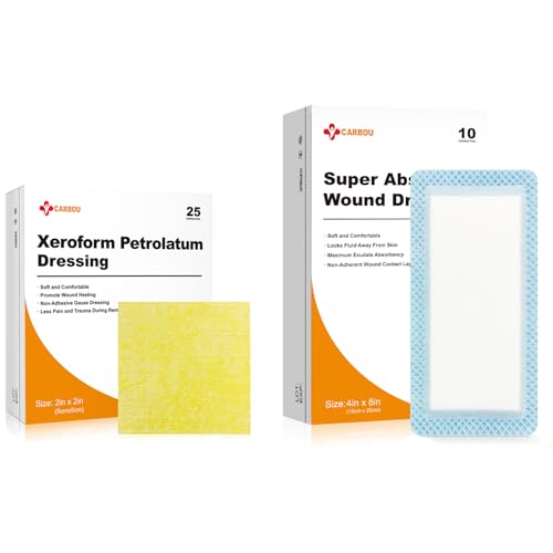 Carbou Medical Xeroform Petrolatum Dressing 2\"x2\" (Pack of 25)+Super Absorbent Wound Dressing 4\"x 8\" (Pack of 10)