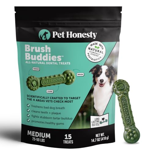 Image of Brush Buddies Long Lasting Dog Dental Chews - All Natural Dental Sticks for Teeth Cleaning Plaque Off + Tartar Remover for Dogs - Dog Dental Treats + Breath Freshener - Medium Sized Dogs (15 Count)