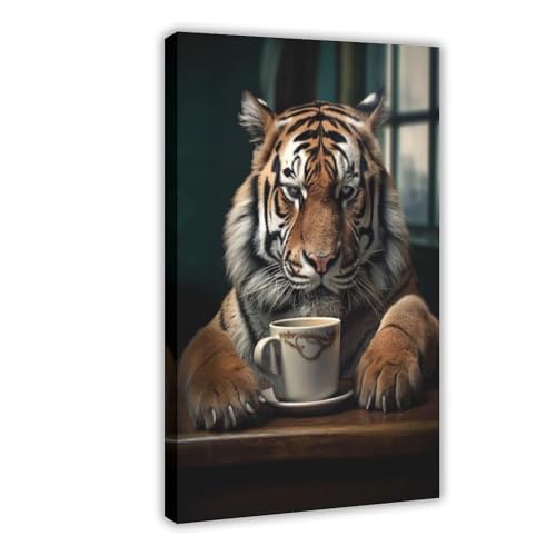 Poster Tiger Drinks Coffee pour salon moderne, toile déco de 50x75 cm