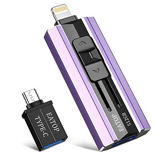Image of EATOP USB Flash Drive 512GB iPhone Memory Stick Storage for Photos and Videos, iPhone Mobile Photo Stick Storage Flash Thumb Drive Compatible with iPhone iPad Android and Computers (Purple)